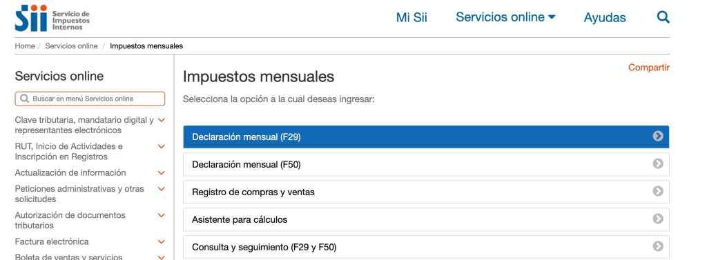 Impuestos mensuales F29