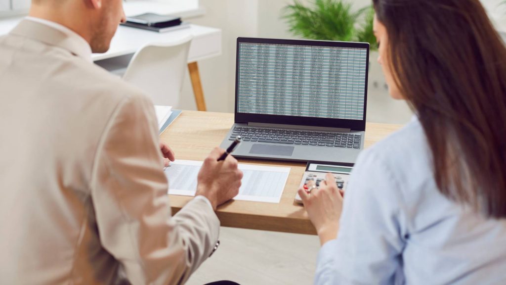 Contador y dueño de empresa revisando en el computador la eliminación de un giro ante el SII
