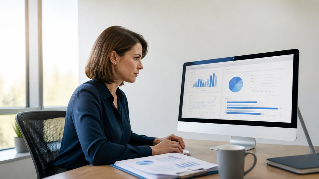 Contadora revisando en el computador la contabilidad de una empresa antes del cierre tributario de fin de año