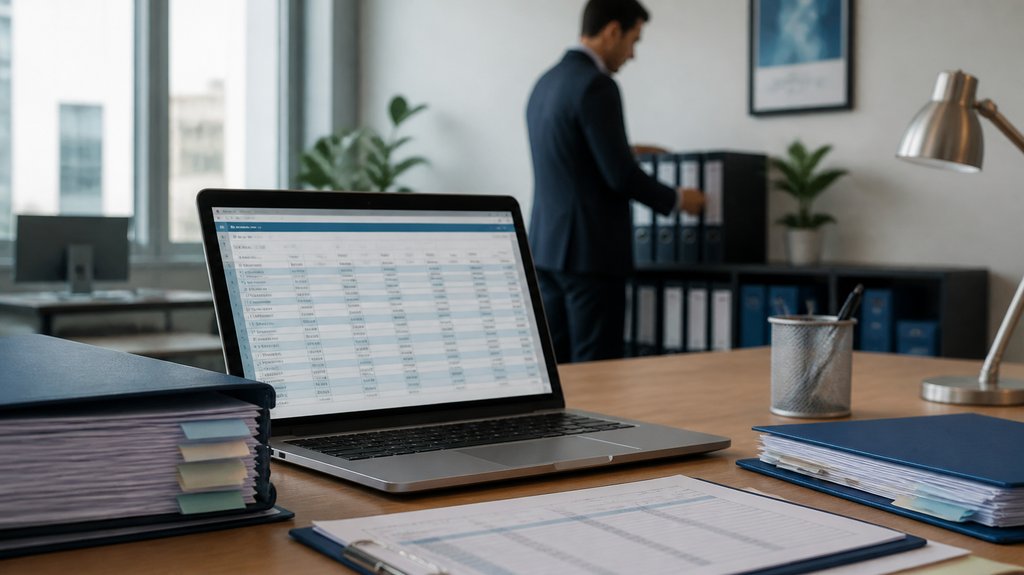 Escritorio con carpetas de respaldos contables y planilla de pagos provisionales en pantalla para el cierre del año